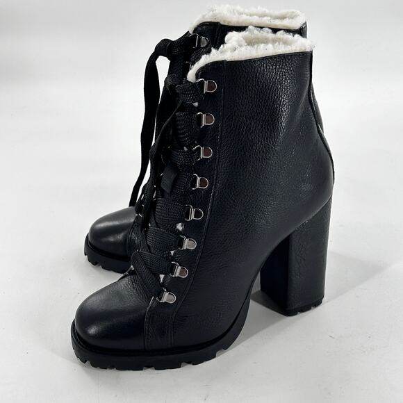 Schutz Zhara Lace Combat Boots 5 Black NWOT Sherpa Shearling Ankle Bootie Zara - Picture 4 of 8